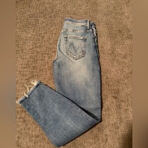 MOTHER The Fly Cut Stunner Ankle Fray Classic Blue Denim Jeans